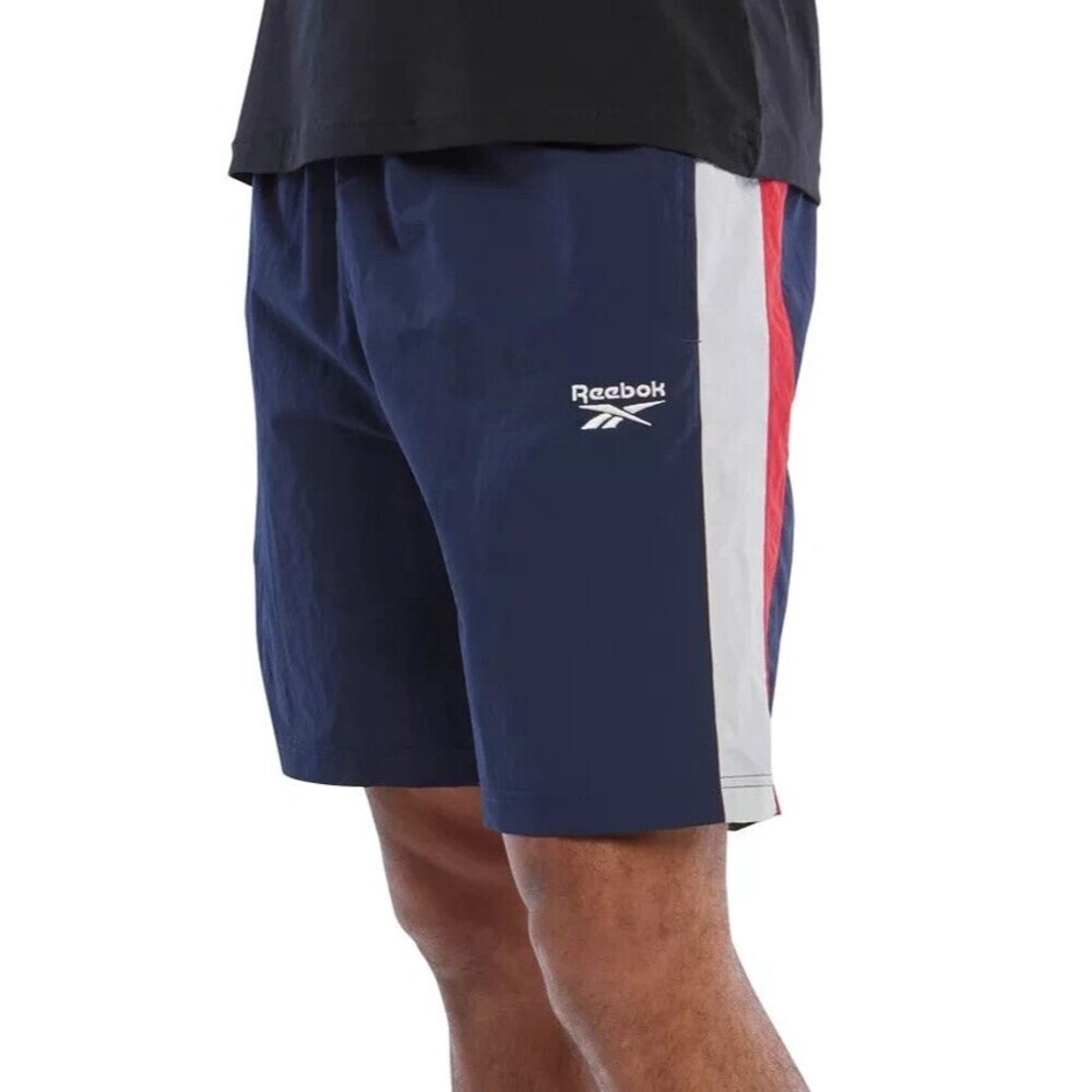 Reebok Men's Ivy League Regular-Fit Color blocked Crinkled Shorts Navy Red XL